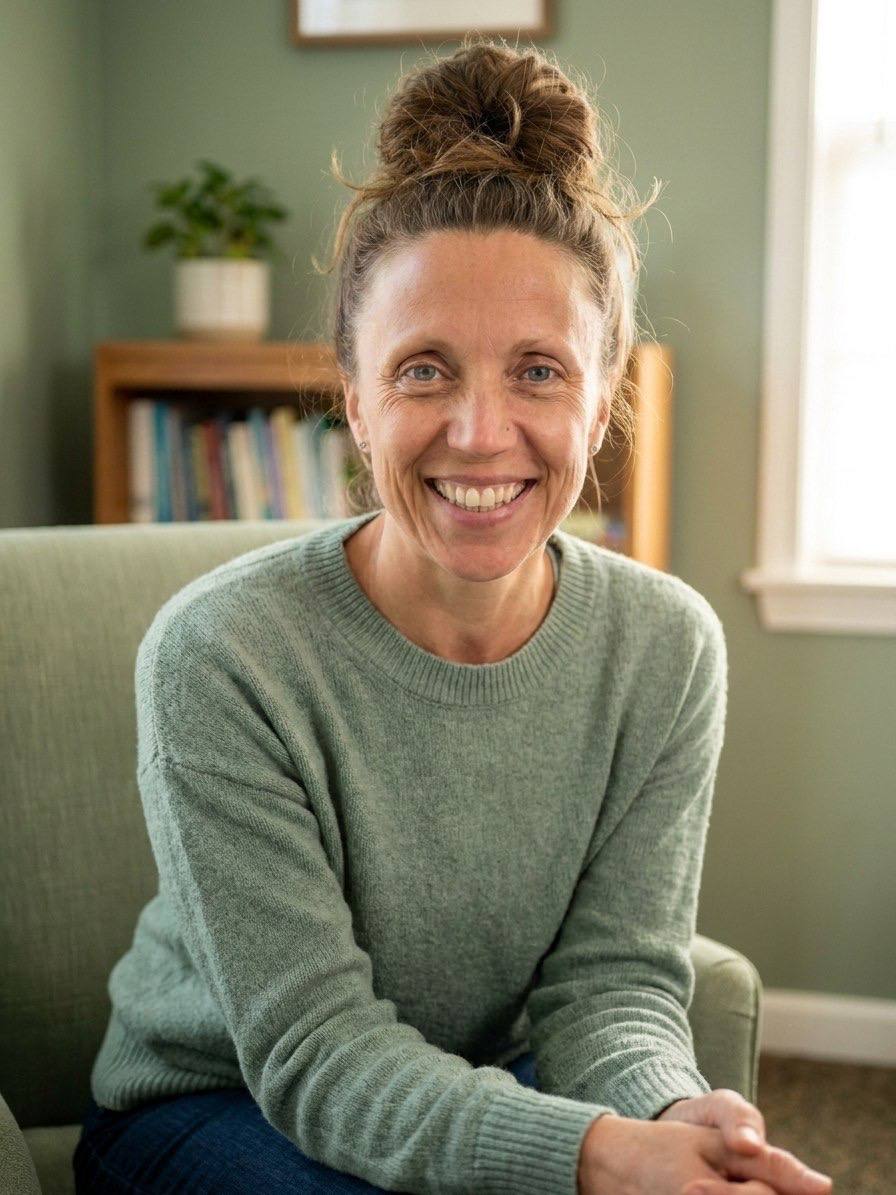 Sarah Richardson, Registered Psychotherapist, seated in her office